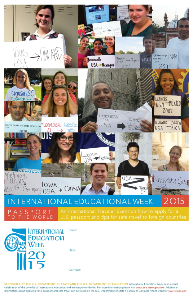 Internationaler Bildungswoche 2015 Plakat mit einer Gruppe von strahlenden Menschen mit Schildern und Text, der Informationen zum Ereignis liefert.