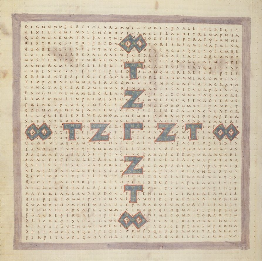 Eine Seite aus einem Buch mit einem Kreuzworträtsel mit Text, Buchstaben und Symbolen.