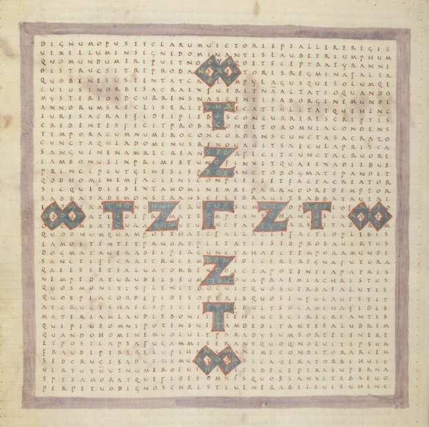 Eine Seite aus einem Buch mit einem Kreuzworträtsel mit Text, Buchstaben und Symbolen.