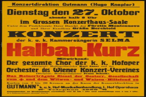 Ein gelbes Plakat, das ein Konzert in Berlin, Deutschland, ankündigt, mit der Aufschrift "Konzert Halban-Kurz".