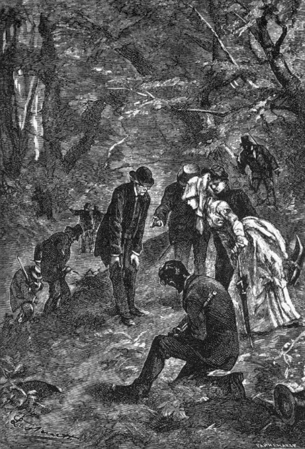 Schwarze und weiße Illustration einer Gruppe von Menschen in einem bewaldeten Gebiet mit Bäumen im Hintergrund, betitelt "Victorian illustration of the murder of a woman" unten.