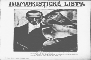 Schwarzer und weißer Magazinumschlag mit der Überschrift "Humoristische Liste", der einen Mann im Anzug mit ernster Miene und eine Frau mit leichtem Grinsen zeigt.