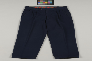 Ein Paar marineblaue, eng anliegende Hosen aus leichtem Stoff, vor einem weißen Hintergrund dargestellt.