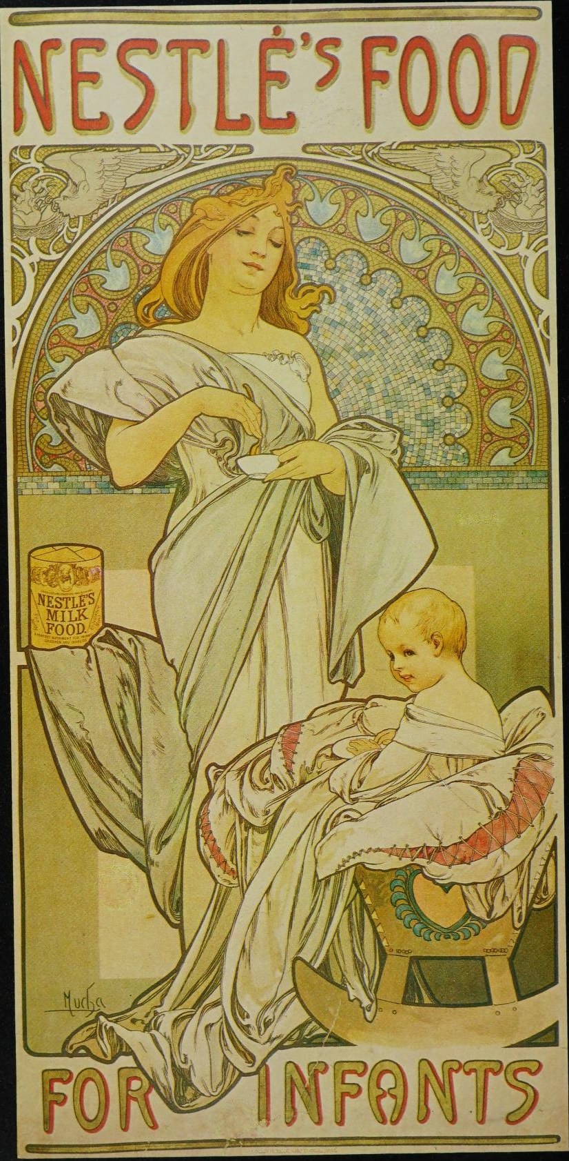 Plakatwerbung für Nestlés Babynahrung, das eine Frau zeigt, die ein Baby hält, mit Text, der das Produkt und seine Vorteile beschreibt.