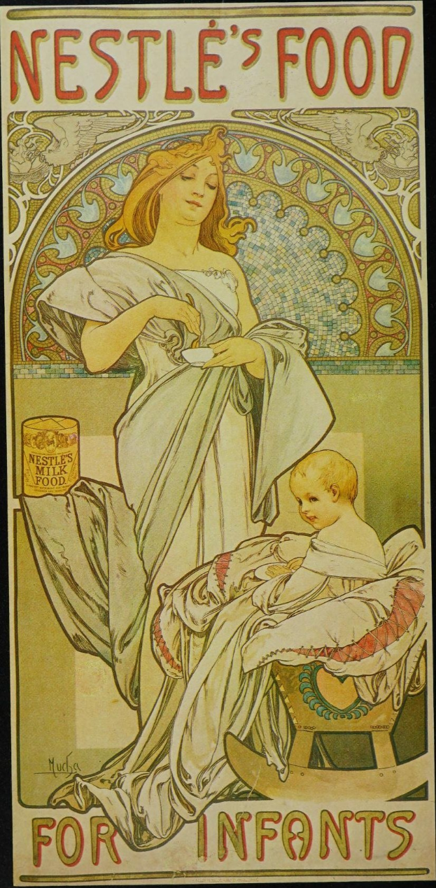 Plakatwerbung für Nestlés Babynahrung, das eine Frau zeigt, die ein Baby hält, mit Text, der das Produkt und seine Vorteile beschreibt.