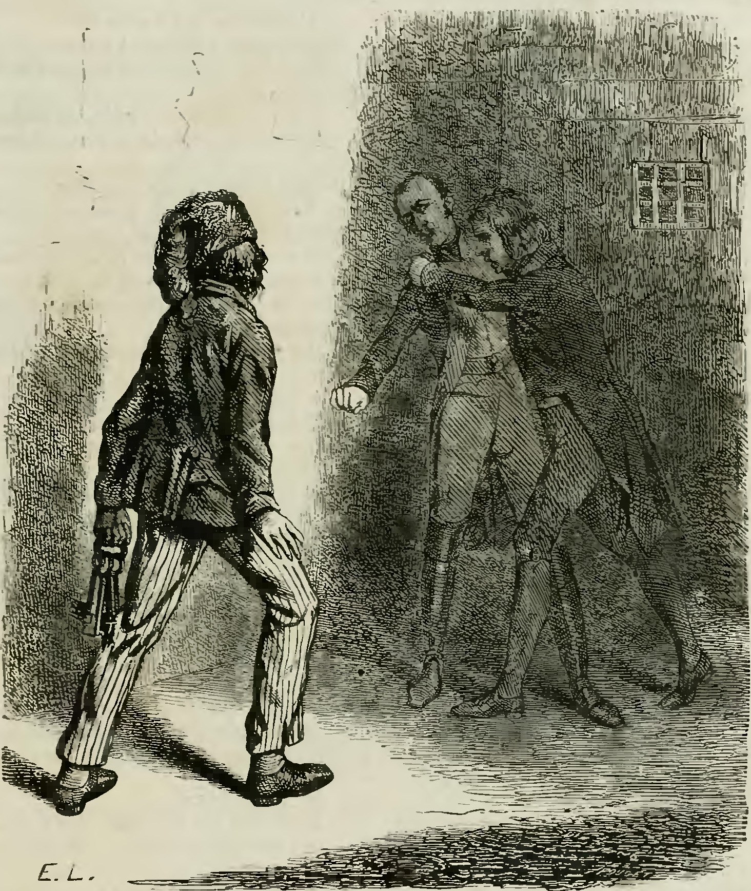 Schwarz-weiß-Illustration von zwei Männern vor einem Gebäude, einer hält eine Waffe, mit Text unten, der 'Victorian illustration of a man being arrested by a police officer' lautet.