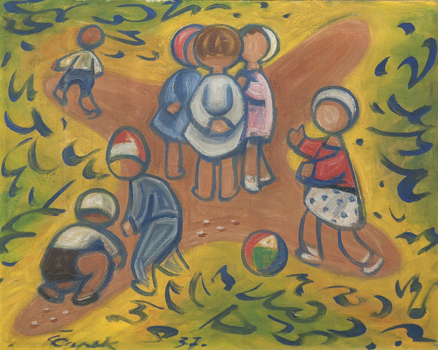 Ein Bild auf einer Tafel, das Kinder beim Ballspielen in einem hellen, fröhlichen Feld zeigt, mit etwas Text.