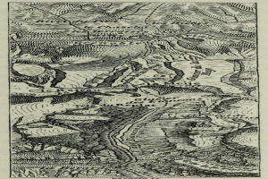 Eine schwarz-wei√üe topografische Karte des Rheins, die Erhebungen, Gel√∂bekonturen und Text mit Informationen √ľber St√§dte, Ortschaften und geografische Merkmale zeigt.