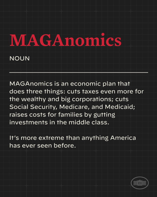Plakat mit fetter schwarzer Schrift auf einem weißen Hintergrund, das 'Maganomics: Ein Wirtschaftsplan, der drei Dinge tut: Senkt Steuern noch mehr für Reich und Großkonzerne.'