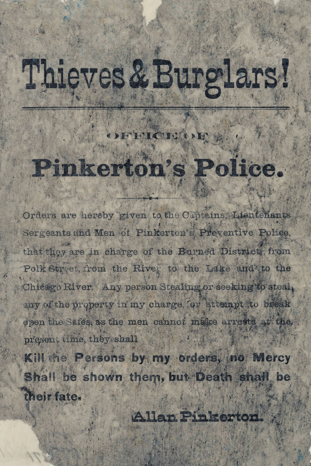 Plakat mit fetter schwarzer Schrift "Diebe & Einbrecher Pinkertons Polizei" auf einem weißen Hintergrund, eingerahmt von einem schmalen schwarzen Rand.