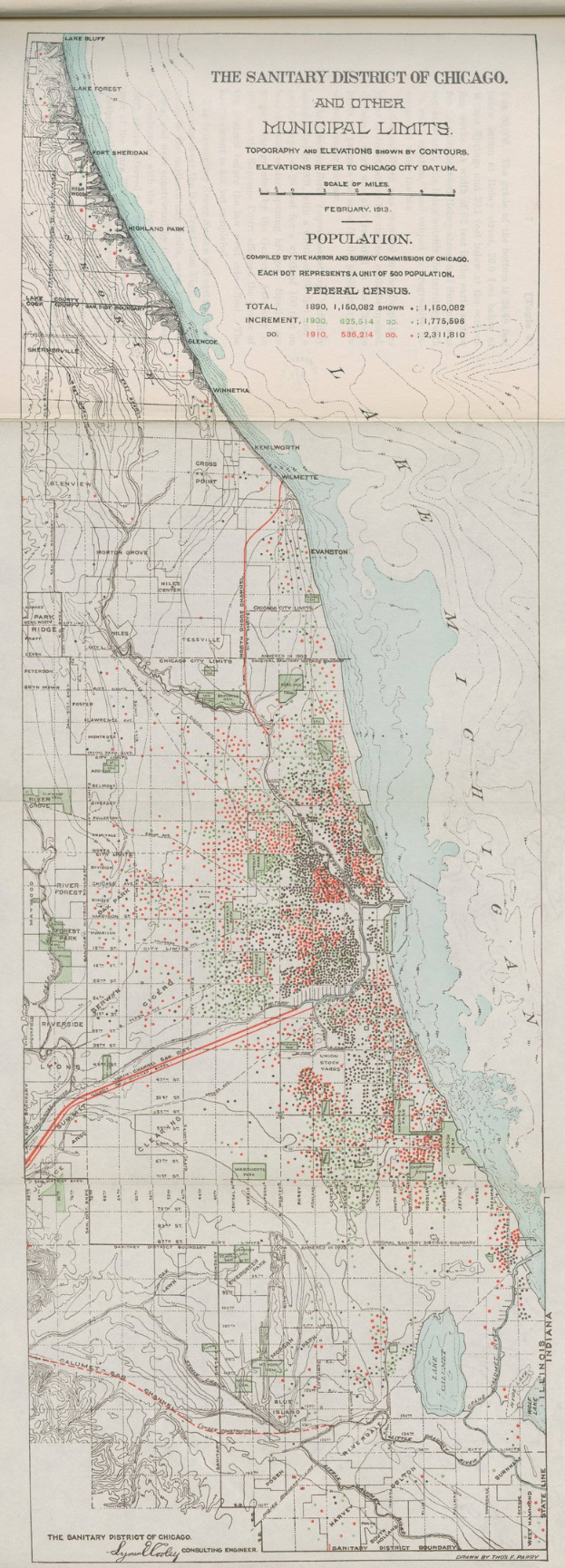Schwarz-weiß-Karte des Sanitären Bezirks von Chicago, die die städtischen Grenzen und Textdetails zeigt.