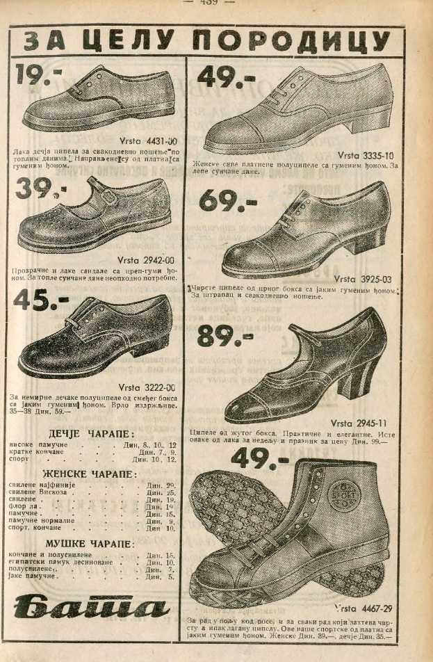 Eine Reihe verschiedener Schuhe, die auf einem offenen Buch mit beschreibendem Text und Zahlen angeordnet sind.