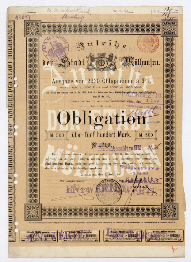 Altes deutsches Aktienzertifikat mit weißem Hintergrund, das Text und Stempel enthält, die darauf hinweisen, dass es eine Verpflichtung ist.