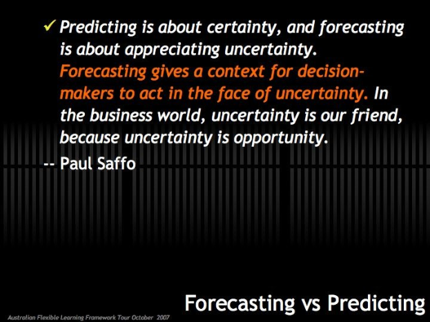 Schwarzer Hintergrund mit weißer Schrift, die "Forecasting vs Predicting: Predicting is about certainty, and forecasting is about appreciating uncertainty." lautet.