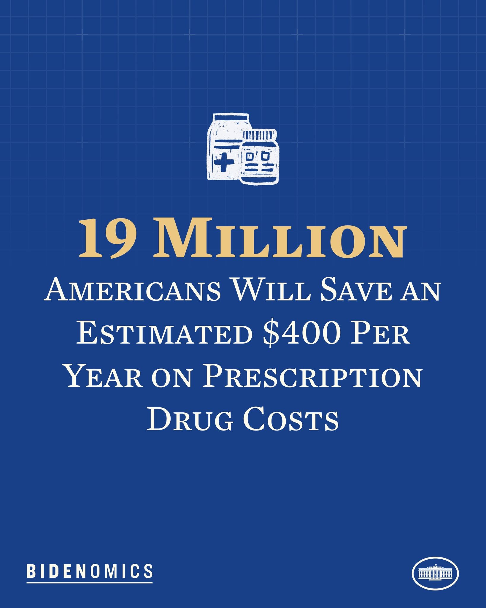 Blauer Hintergrund mit weißer Schrift und Logo, das "19 Millionen Amerikaner werden geschätzte 400 USD pro Jahr an Arzneikosten sparen" angibt.