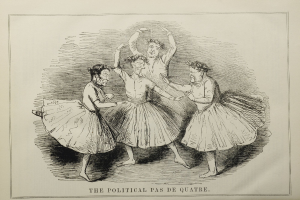 Ein Blatt Papier mit einer Zeichnung von drei energisch tanzenden Menschen und der Text "The Political Pas de Quatre" in fetter Schrift.