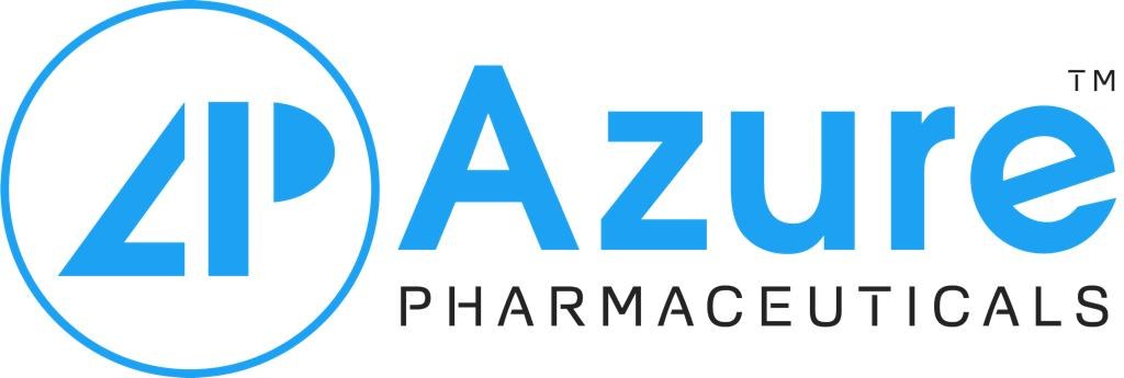 Das Bild zeigt das Azure Pharmaceuticals-Logo mit dem Unternehmensnamen in fetter schwarzer Schrift innerhalb eines blauen Kreises mit weißer Umrandung auf einem weißen Hintergrund.