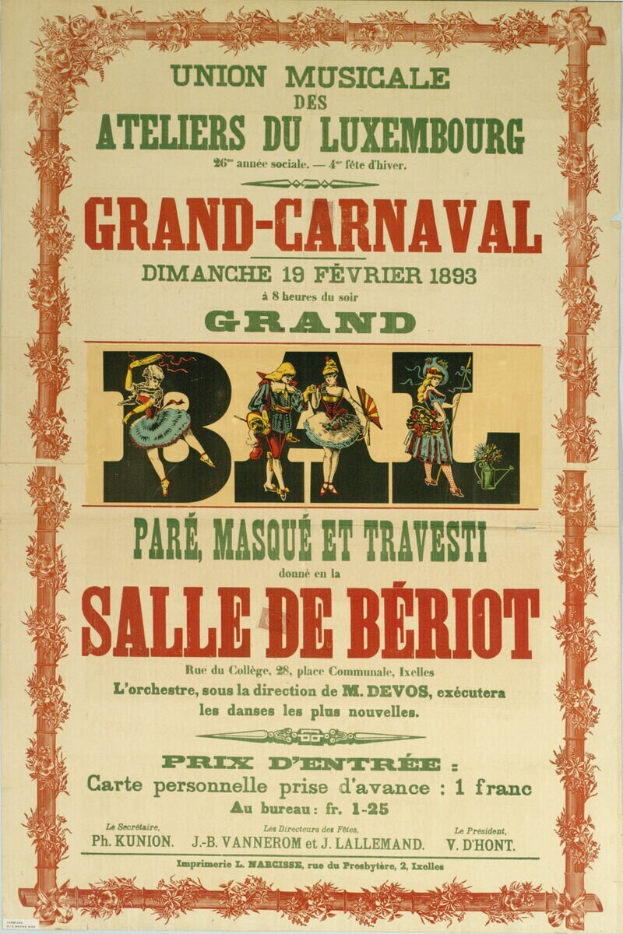 Ein Vintage-Plakat, das ein Pariser Karnevalfest ankündigt, zeigt eine Gruppe von Menschen in traditioneller Kleidung vor einem hellgelben Hintergrund mit einer Leiste, auf der 'Grand Carnival' steht.