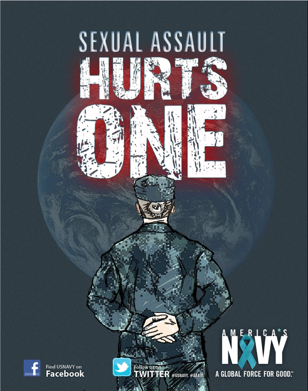 Ein Plakat mit einer Person in Militäruniform mit entschlossener Miene, umgeben von Logos und fetter schwarzer Schrift, die "Sexual Assault Hurts One" lautet.