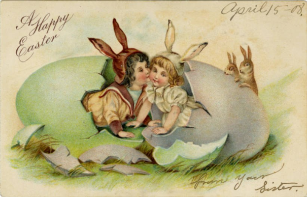 Altmodische Ostern-Postkarte mit zwei Kindern in einem Ei und zwei Hasen, begleitet von einem Text, der einen fröhlichen Ostern grüßt.