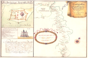 Ein altes Deutschland-Karte mit einem zentralen Gebäude, umgeben von Text und anderen Bildern.