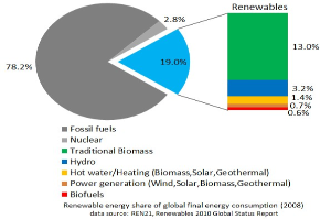 Tortendiagramm, das den globalen erneuerbaren Energieverbrauch im Jahr 2008 zeigt, aufgeschlüsselt nach Quellen einschließlich fossiler Brennstoffe, Kernenergie, Wasserkraft, Warmwasser, Heizung, Biomasse, Solarenergie, Geothermie und Biokraftstoffe.