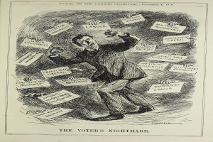 Eine politische Karikatur eines Mannes in einem Anzug, der entschlossen vor einer Tür mit der Aufschrift 'Ein demokratischer Wähler' steht.