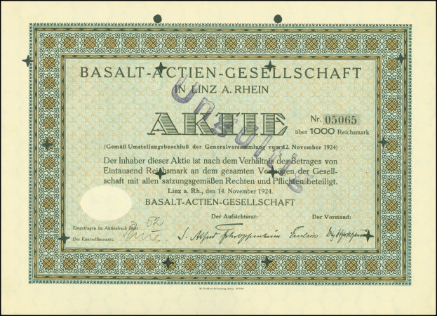 Rahmendes altes Aktienzertifikat ausgestellt von Basalt-Actien-Gesellschaft in Linz, Deutschland, mit sichtbarem Text.