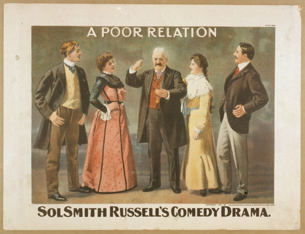 Plakat für "Sol Smith Russells Comedy-Drama: Eine schlechte Beziehung" mit einer Gruppe von locker gekleideten Menschen verschiedenen Alters und Geschlechts vor einem hellblauen Hintergrund.