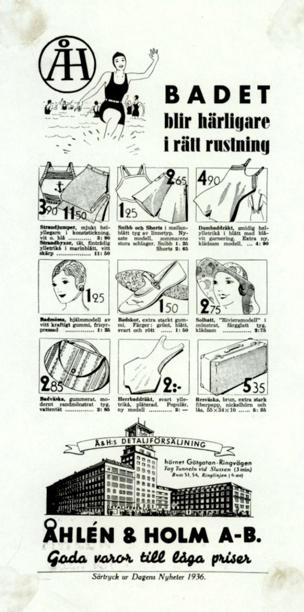 Frau in einem weißen Bikini mit blauen und weißen Streifen, trägt einen Pferdeschwanz, schaut direkt in die Kamera in einer Werbung umgeben von Bildern von Menschen, Gebäuden und fetter Schrift.