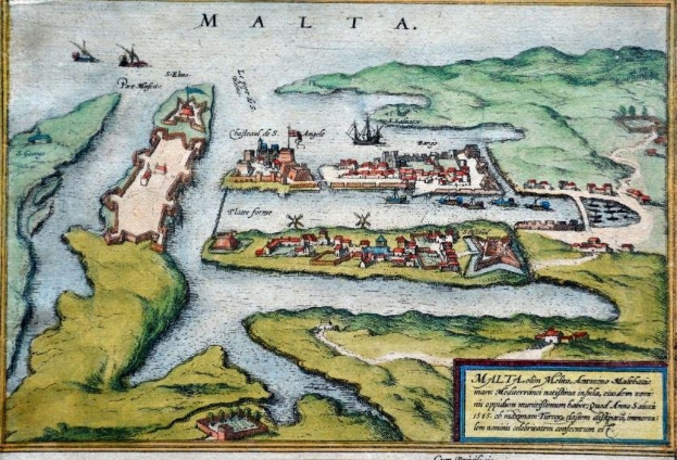 Ein detailliertes altes Stadtplan von Malta, der Gebäude, Straßen und andere Stadtmerkmale zeigt, mit Text oben und unten.