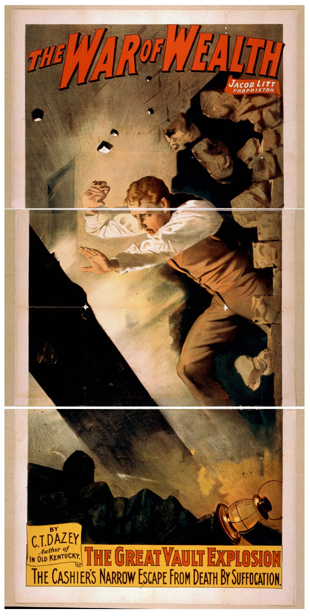 Eine Person in einem langen, dunklen Mantel und Hut steht heroisch mit ausgestreckten Armen umgeben von Text, der "Der Krieg des Reichtums: Die große Tresorexplosion" gegen einen tiefblauen, sternenklaren Hintergrund liest.