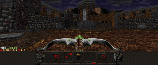 Ein Dungeon in *Dungeon Master II* mit einem Drachen in der Mitte, umgeben von Wänden, Säulen und anderen Gegenständen, mit spielbezogenen Zahlen und Text am unteren Rand.