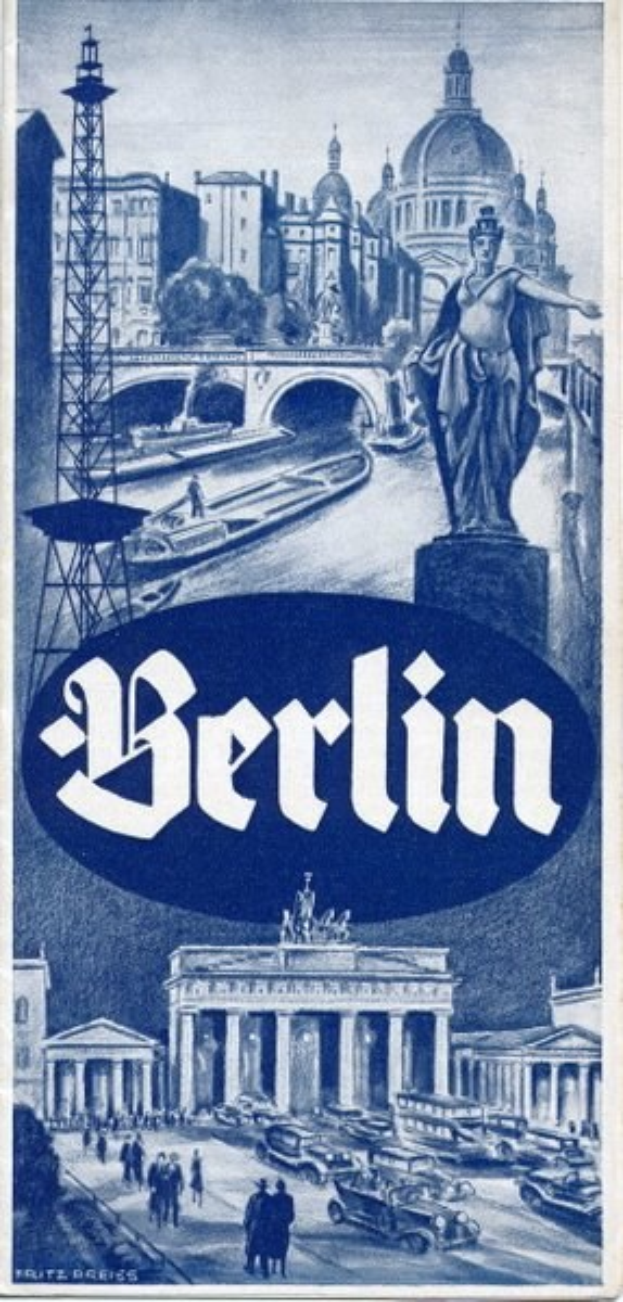 Plakat, das Berlin, Deutschland, bewirbt und eine Statue, Gebäude, einen Turm, Menschen, Fahrzeuge auf der Straße und eine Brücke zeigt.