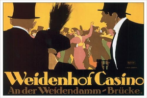 Ein Plakat, das das Weidenhof Casino in Brücke, Deutschland, bewirbt, zeigt eine lebendige Illustration von tanzenden und feiernden Menschen, mit "Weidenhof" in fetter Schrift darüber, eingerahmt von einem schwarzen Rand.