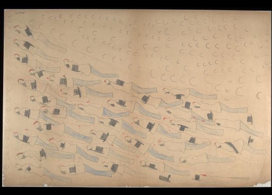 Schwarzumrandetes Bild von Menschen, die im Einklang in einem Gewässer schwimmen und Bewegung und Energie vermitteln.