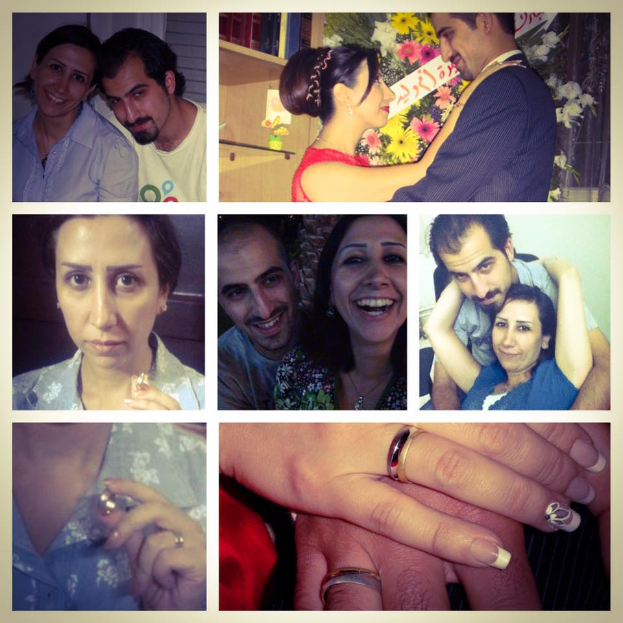 Ein Collage von Fotos, die einen Mann und eine Frau mit Eheringen an den Fingern zeigen, umgeben von Blumen und verschiedenen Gegenständen.