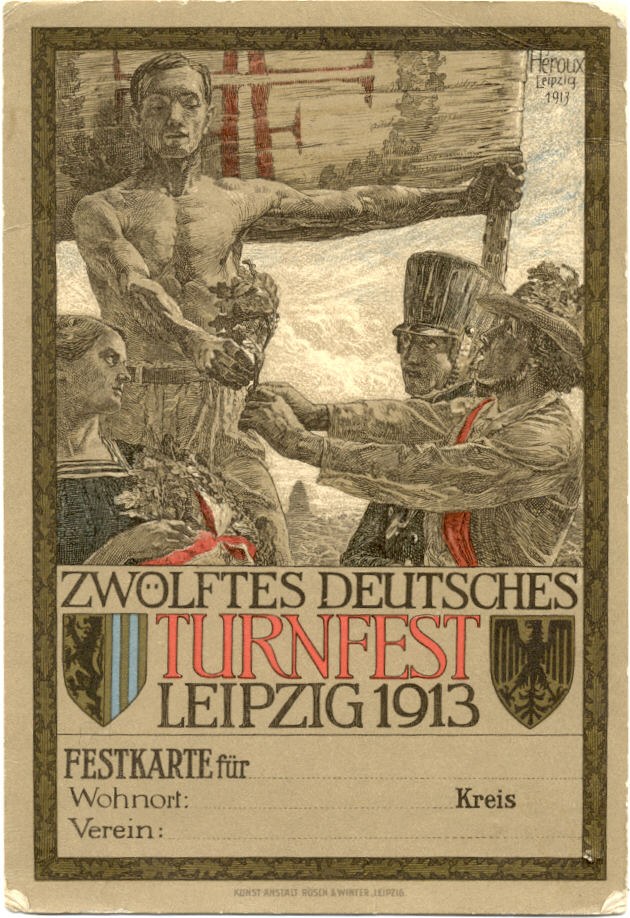 Ein Vintage-Plakat für das Zwölfte Deutsche Turnfest Leipzig 1913, das eine Gruppe von Menschen in der Mitte und Text mit Informationen zum Ereignis zeigt.