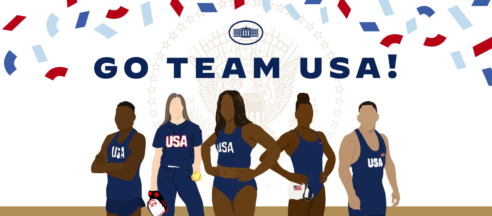 Gruppe animierter Menschen vor einem weißen Hintergrund mit den Worten "Go Team USA" in fetter, farbiger Schrift, repräsentierend das US-amerikanische Frauen-Volleyballteam.