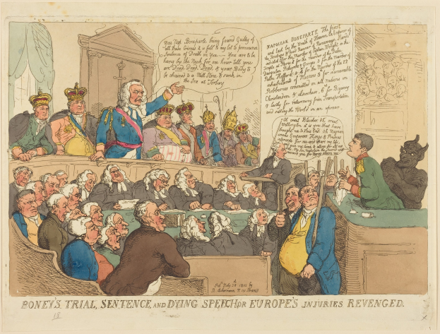 Cartoon-Illustration eines Gerichtssaals mit dem Titel "Boney's Trial, Sentence and Dying Speech Europe's Injuries Revenged", die eine zentrale stehende Person, sitzende Beobachter und einen Tisch mit Gegenständen auf der rechten Seite zeigt.