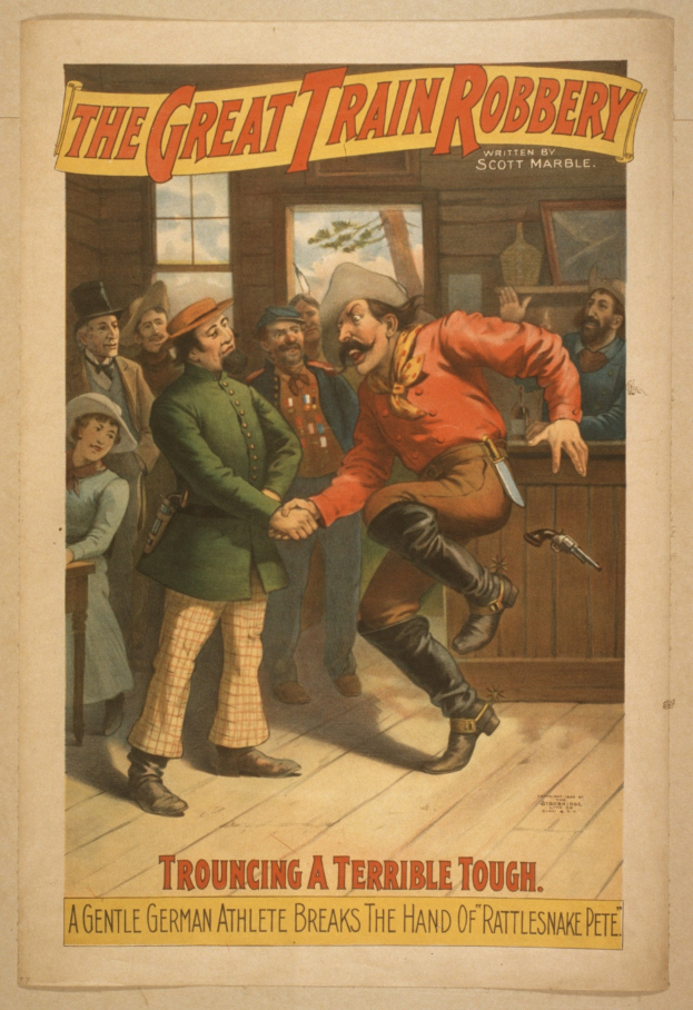 Plakat zeigt eine Gruppe von Menschen auf einem Boden mit einem, der eine Waffe hält, ein Fenster und eine Wand im Hintergrund und Text, der "Der große Zugraub - Trouching ein Schreckliches Tough" an der Ober- und Unterseite liest.