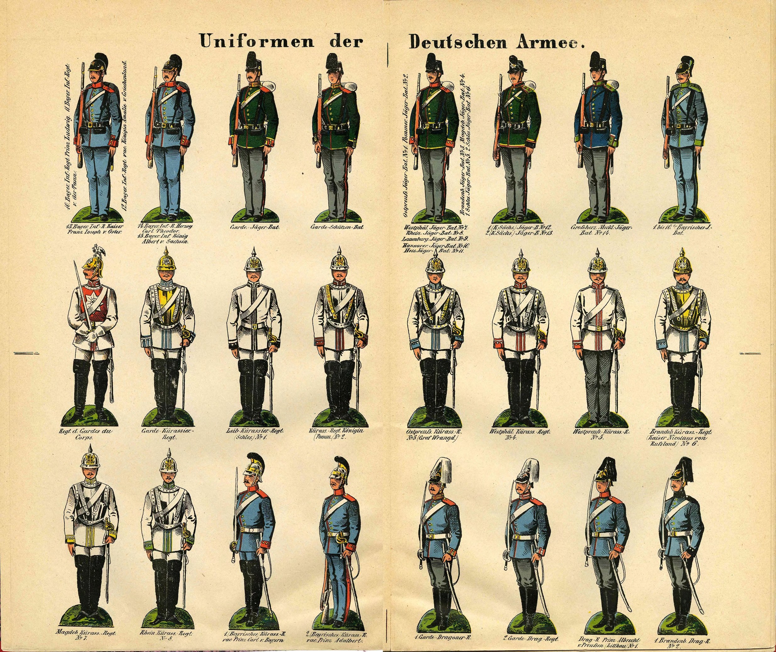 Ein Buch, das bunt gefärbte Militäruniformen der deutschen Armee mit detaillierten Einblicken in Helme, Gewehre und andere Waffen zeigt.