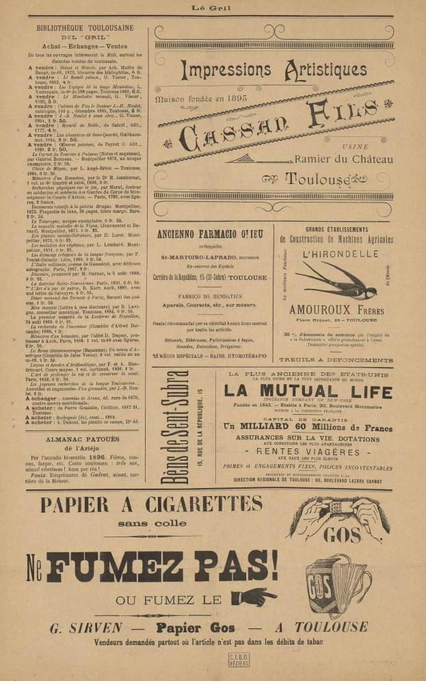 Alte Zeitung mit mehreren Anzeigen im Vintage-Stil.