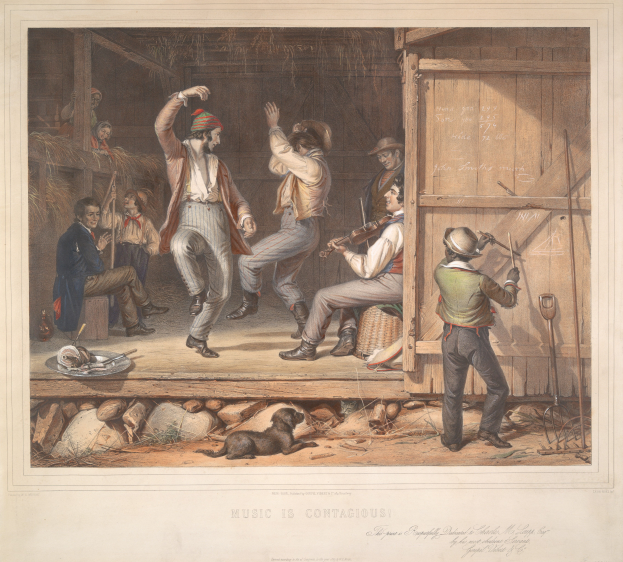 Ein Gemälde namens "Musik ist ansteckend" von Thomas Rowlandson, das eine Gruppe von Menschen zeigt, die in einer Scheune tanzen, einige halten Musikinstrumente, ein Hund unten und eine hölzerne Tür auf der rechten Seite.