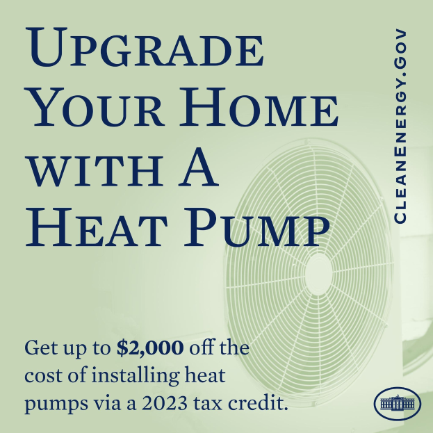 Plakat zur Werbung für Heizpumpen-Upgrades, das ein Bild einer Heizpumpe und den Text "Upgrade Your Home with a Heat Pump" zeigt.