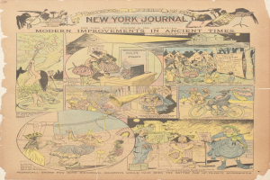 Eine alte, gelbliche New York Journal-Zeitung mit bunten, detaillierten Cartoons und fettem Text, umgeben von einem dekorativen Rahmen.