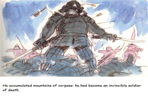 Ein Soldat steht in der Mitte des Bildes mit einem Berg von Kursen hinter ihm, symbolisiert seine Unbesiegbarkeit.