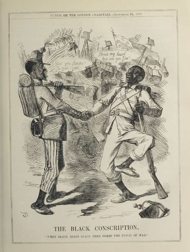 Buchumschlag mit dem Titel "Die schwarze Konskription" mit einer Illustration von zwei Männern, die sich die Hand geben, wobei einer eine Waffe hält.