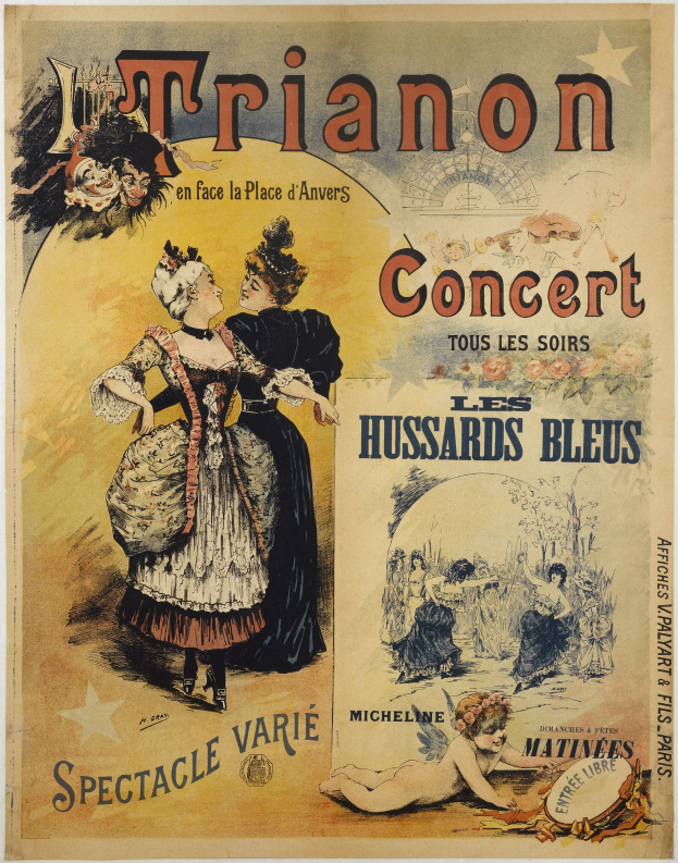 Ein Konzertplakat, das eine Frau in einem langen, fließenden Kleid mit einem hohen Kragen und langen Ärmeln und einen Mann in einem Anzug zeigt, der hinter ihr steht und die Arme verschränkt, beide mit ernsten Gesichtern.