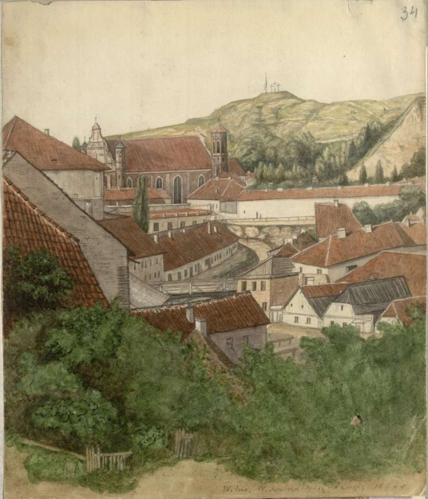 Gemälde einer kleinen Stadt mit einer Kirche im Hintergrund, umgeben von Bäumen, Hügeln und einem klaren blauen Himmel, beschriftet mit "Wiesbaden, Deutschland, 1824" unten.